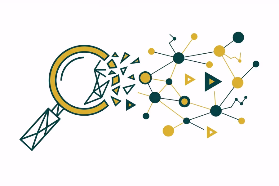 Illustration Social Search Optimization (SSO) B2B montrant une loupe de recherche traditionnelle se fragmentant en un réseau de plateformes sociales vidéo et verticales
