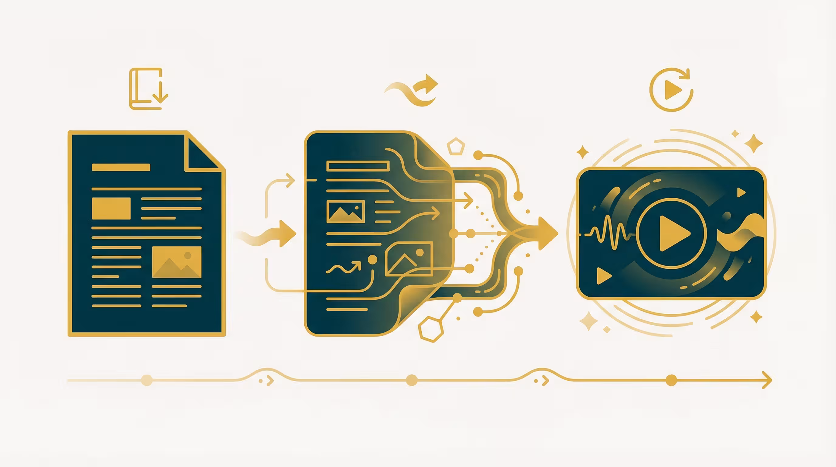 Illustration du processus de recyclage de contenu montrant la transformation d'un document texte statique en format vidéo dynamique